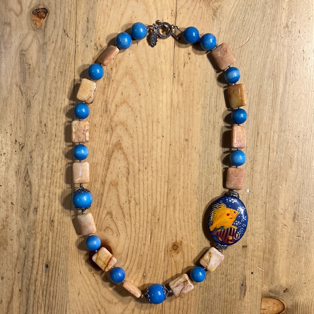 AKR Gemstone Necklace with Silver Clasp and Hand Painted Fish